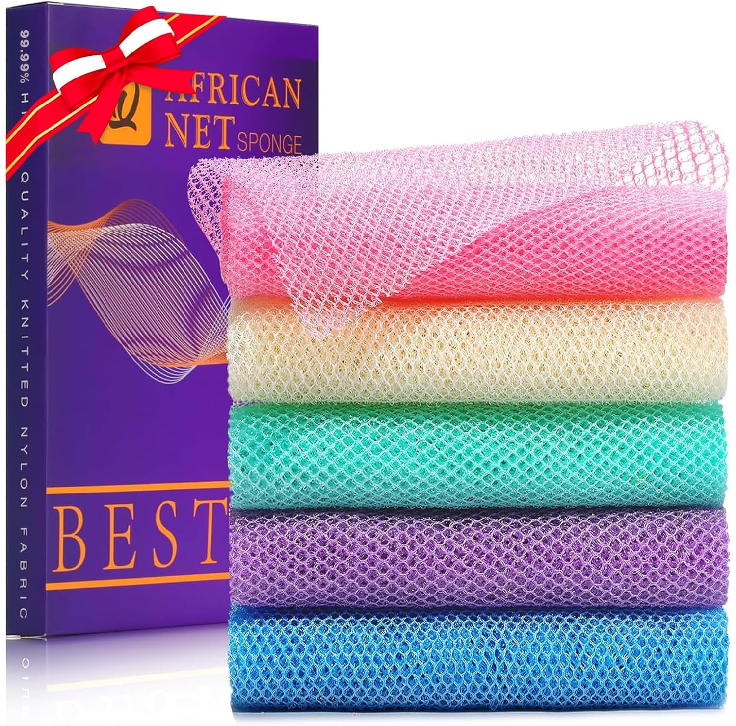 UJFQBH 3 Pieces African Bath Sponge African Net Long Net Bath Sponge Exfoliating Shower Body Scrubber Back Scrubber Skin Smoother,Great for Daily Use (Pink,Yellow,Purple)